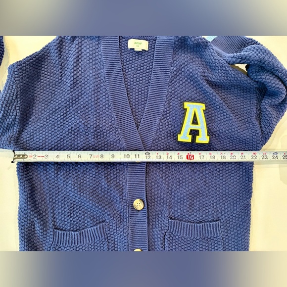 aerie 100% Cotton Waffle Knit Letter A Varsity Navy Cardigan Medium V Neck - Picture 6 of 11